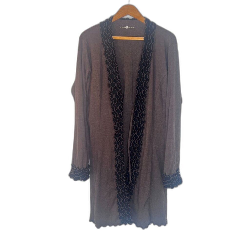 Laura Hlavac Ruffled Trim Longline Cardigan Open Front‎ Cotton Blend Size Large